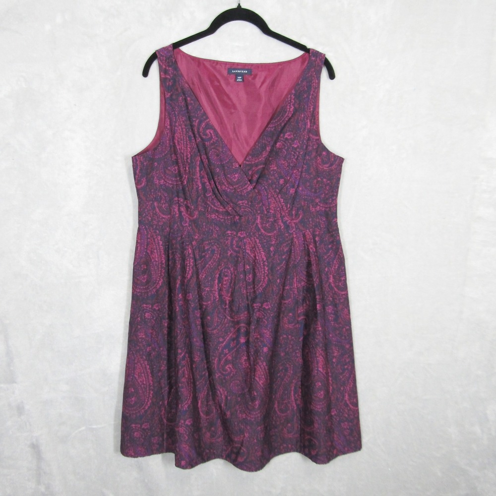 Lands End Women's Dress 14 Petite Paisley Sleeveless Purple Silk Party Career